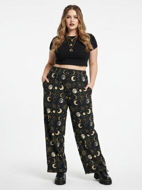 Whimsigoth Celestial Sun Moon Stars Wide Leg Lounge Pants with Pockets